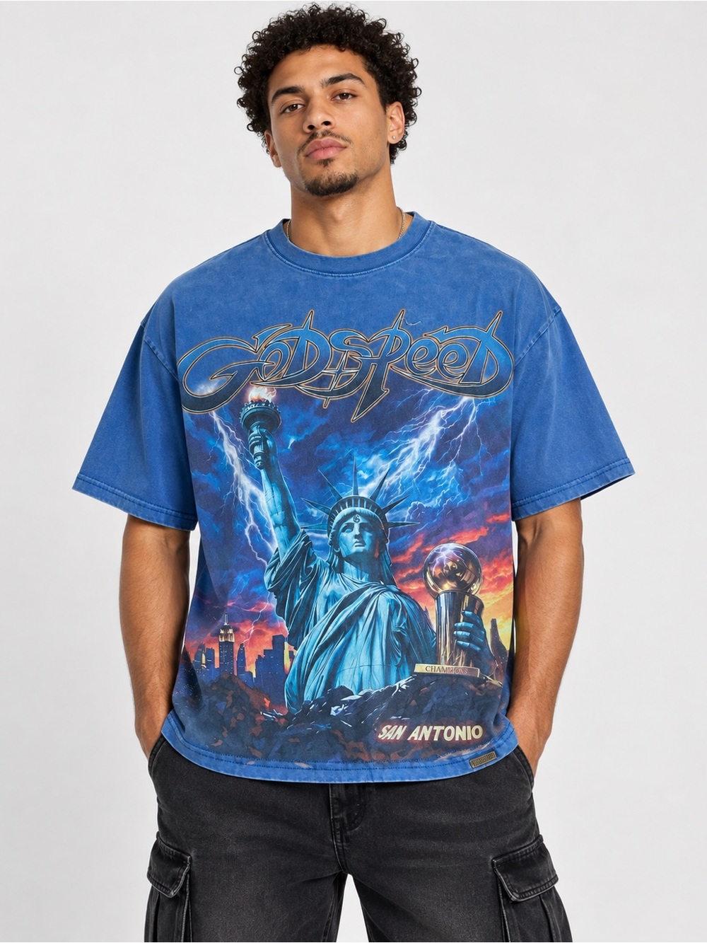 Godspeed Finally Tee Blue Statue of Liberty Trophy Graphic NWT